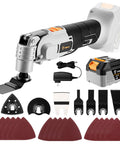 No Drama 20V Brushless Cordless Oscillating Multitool with accessories, battery, charger, and blades for cutting and sanding.