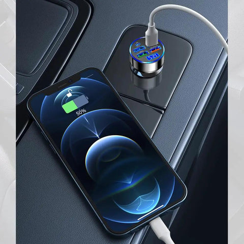 Six Port Usb C Car Charger With Led Voltage Display PD QC3 Fast Charging plugged into car charger, charging phone on console.