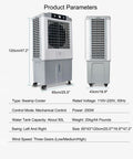 High Capacity Evaporative Air Cooler With A Massive 90 Liter Water Tank And Three Quick Speeds showing dimensions and product parameters.