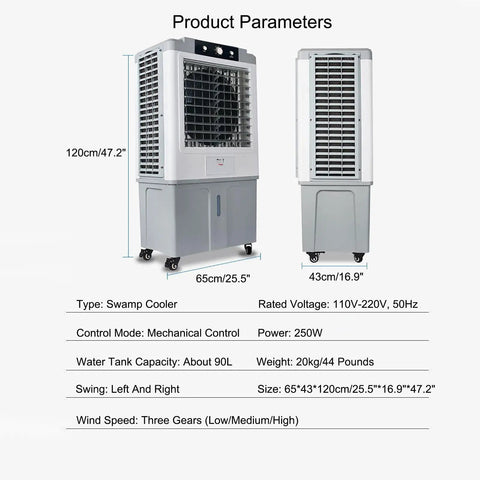 High Capacity Evaporative Air Cooler With A Massive 90 Liter Water Tank And Three Quick Speeds showing dimensions and product parameters.