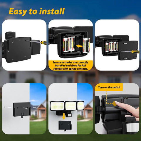 Wireless Battery Powered Motion Sensor Flood Light 1500 Lumens Super Bright IP65 Waterproof Security Spotlight With Wide Angle Detection For Yard Driveway Garage No Wiring Hassle