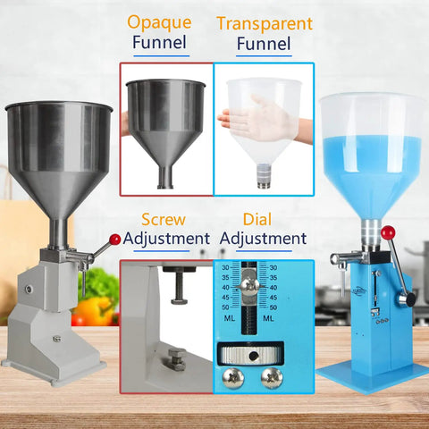 No Fuss Easy Fill Manual Paste And Liquid Filling Machine 5 To 50 Ml Adjustable Bottle Filler with transparent hopper and adjustments