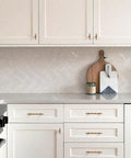 Champagne Bronze Cabinet Pulls 5 Inch Hole Center 10 Pack No Brainer Durable Hammered Sleek Handles installed on white kitchen cabinets