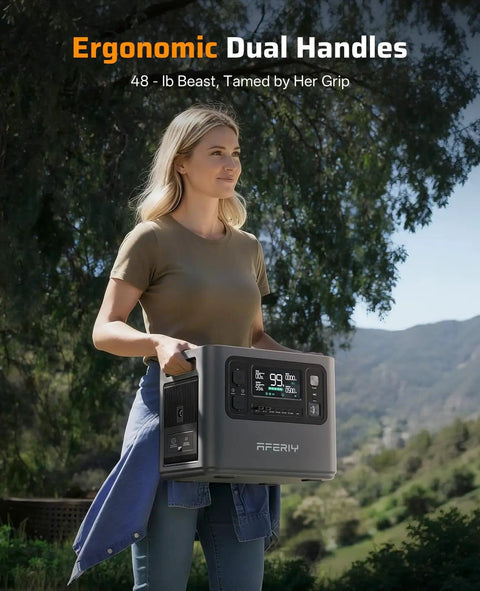 Person carrying 2400W Portable Power Station With 2048Wh LiFePO4 Battery And Peak 4800W, AC Fast Charging, 12V25A XT60 DC Output, UPS Backup