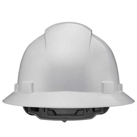Front view of Full Brim Hard Hat For Construction Crew, Lightweight HDPE With Padded Interior, Grey Carbon Fiber Gloss Finish