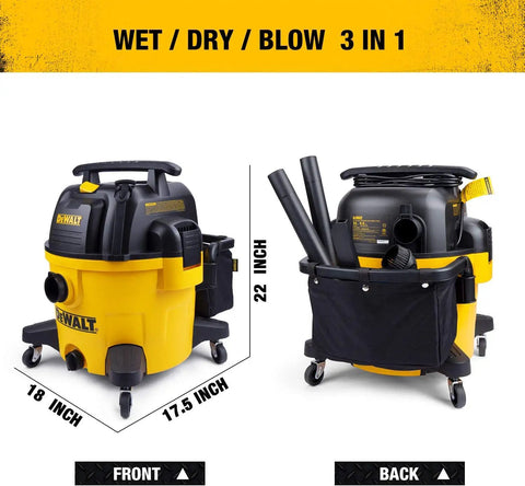 Front and back view of 9 Gallon Poly Wet Dry Vacuum For Workshop And Jobsite Cleanup, 5 Peak Horsepower Shop Vacuum with casters