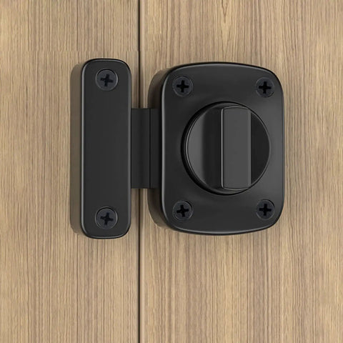 Sliding Door Lock Zinc Alloy Universal Wardrobe Catch Bolt Gate Latch mounted on wooden door, featuring a black finish and sturdy design.