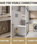 Heavy Hitter Gold Toilet Hose For Bathroom Fixtures With One Half Inch Angle Valve Connector Drip Free No Sweat Install Premium Stainless Steel Plumbing Supply 19 7 Inches Long shown connecting toilet supply.