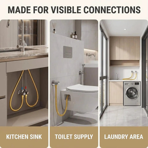 Heavy Hitter Gold Toilet Hose For Bathroom Fixtures With One Half Inch Angle Valve Connector Drip Free No Sweat Install Premium Stainless Steel Plumbing Supply 19 7 Inches Long shown connecting toilet supply.