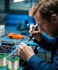 Person soldering with Lead Free Solder Wire Sn99.3 Cu0.7 With Rosin Core Flux For Easy Electrical Soldering 0.08 Inch 2.0 mm Thick 7.05 Oz 200 G Spool Tin Copper Alloy Safe For Health And Environment For DIY Electronics Makers