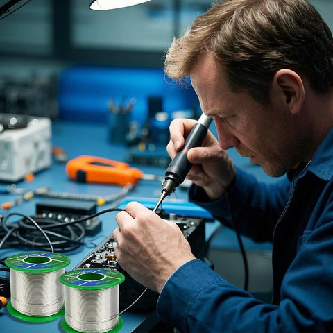 Person soldering with Lead Free Solder Wire Sn99.3 Cu0.7 With Rosin Core Flux For Easy Electrical Soldering 0.08 Inch 2.0 mm Thick 7.05 Oz 200 G Spool Tin Copper Alloy Safe For Health And Environment For DIY Electronics Makers