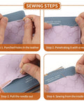 Close-up of hands demonstrating sewing steps on a pink wallet using Heavy Duty Nylon Upholstery Sewing Kit With 3 Color Nylon Threads 73.5 Yards Each 7 Curved Needles Gourd Style Threader For Leather Carpet Furniture And Shoes Ideal For DIY Home Shop And Auto Upholstery Repairs.