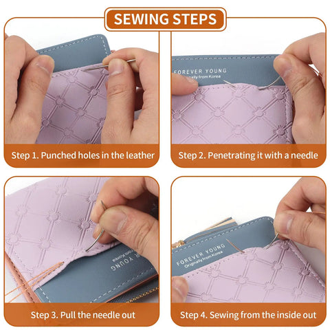 Close-up of hands demonstrating sewing steps on a pink wallet using Heavy Duty Nylon Upholstery Sewing Kit With 3 Color Nylon Threads 73.5 Yards Each 7 Curved Needles Gourd Style Threader For Leather Carpet Furniture And Shoes Ideal For DIY Home Shop And Auto Upholstery Repairs.