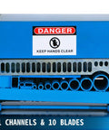 Industrial Auto Wire Stripping Tool Workhorse With 11 Channels And 10 Blades, aluminum alloy frame, warning label visible
