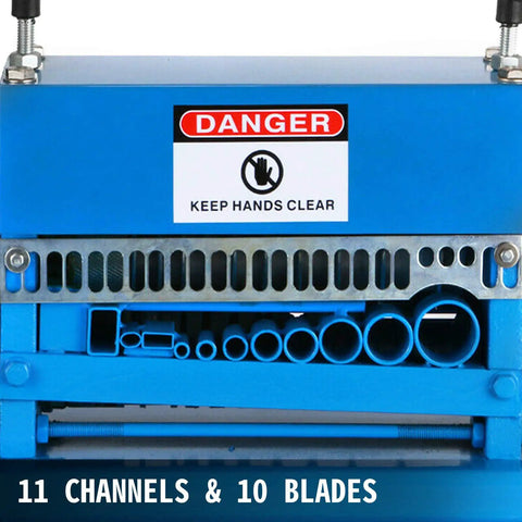Industrial Auto Wire Stripping Tool Workhorse With 11 Channels And 10 Blades, aluminum alloy frame, warning label visible