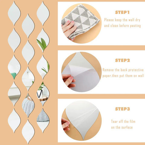 Installation steps for 15 Pack Teardrop Mirror Wall Decals With Wavy Acrylic Finish Removable 3D DIY Art for Living Room Bathroom Home Decor 11.8 x 6.6 Inch Teardrop Silver Set.