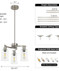 Three Light Brushed Nickel Pendant Chandelier For Kitchen Island, dimensions showing adjustable height and clear glass shades.
