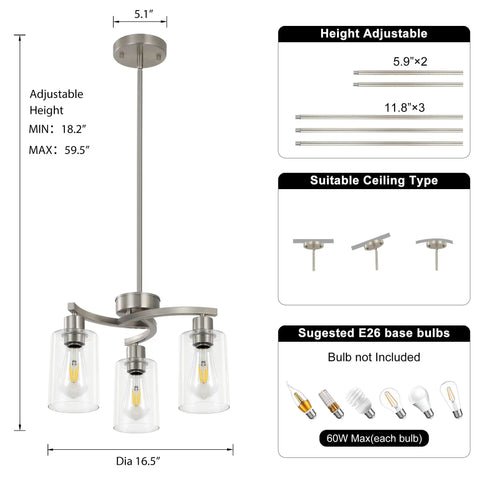 Three Light Brushed Nickel Pendant Chandelier For Kitchen Island, dimensions showing adjustable height and clear glass shades.