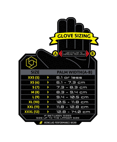 Glove sizing chart for Pro Grade MIBR PC Gaming Gloves With Precision Fit And Fast Grip, showing palm width for sizes XXS to XXXL.