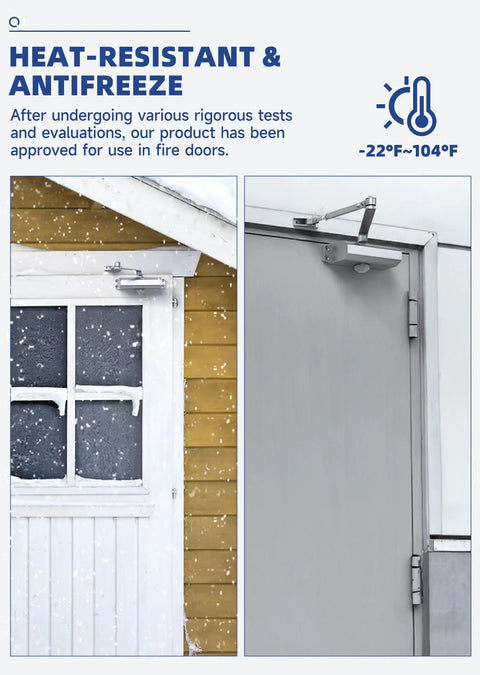 Hassle-Free Automatic Door Closer For Homes Featuring Quick Access Design on a snowy exterior door.