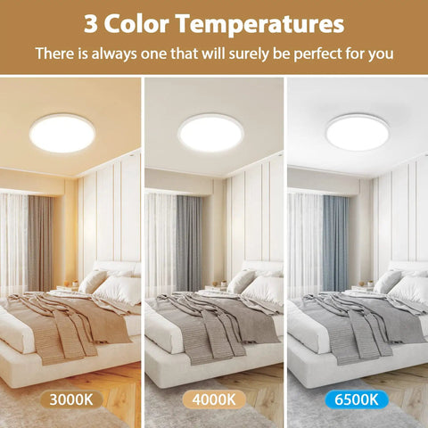 Two Pack Slim LED Flush Mount Ceiling Lights 12 Inch in bedroom showing 3000K, 4000K, 6500K color temperatures, modern round design
