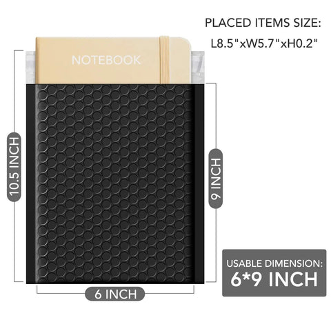 Black 100 Pack Padded Bubble Mailers 6x10 Inches Self Seal Envelopes shown with a notebook to display size and dimensions.