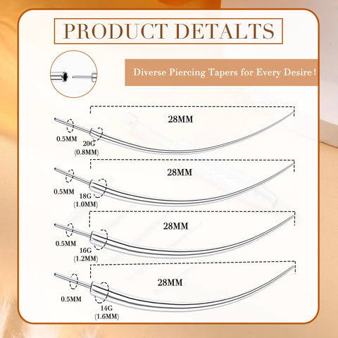 Detailed view of Piercing Taper Grabber Reacher Tool Set For Flat Back Earrings Applicator 14G 16G 18G 20G Stainless Steel Threadless Insertion Pin Kit For Ear Nose Lip showing 0.8mm to 1.6mm tapers with dimensions.