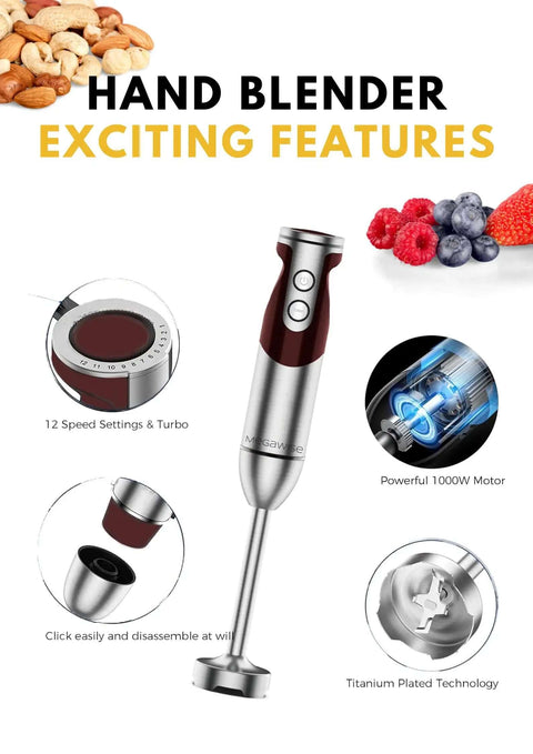 Powerful 12 Speed Immersion Blender With Durable Stainless Steel Blades For Smooth Soups And Thick Shakes Heavy Duty Hand Blender Kitchen Gadget featuring 12 speed settings and titanium technology.