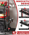 Fishing Rod Holder Rack With Wheels For Garage Storage And Organization, 3 Shelves To Stow Tackle Boxes, Reels, Bags And Gear, Black Heavy Duty Tackle Gear Organizer showing 12 rod capacity.