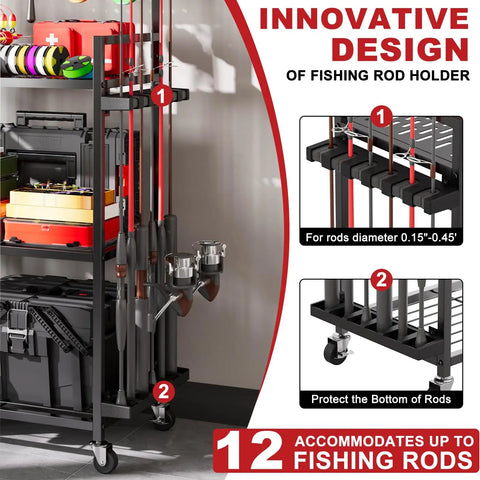 Fishing Rod Holder Rack With Wheels For Garage Storage And Organization, 3 Shelves To Stow Tackle Boxes, Reels, Bags And Gear, Black Heavy Duty Tackle Gear Organizer showing 12 rod capacity.
