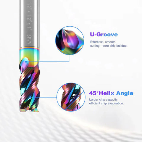 Close-up of One Half Inch Shank DLC Carbide Square End Mill Beefy Three Flute For Aluminum And Copper Heavy Duty U Type Design