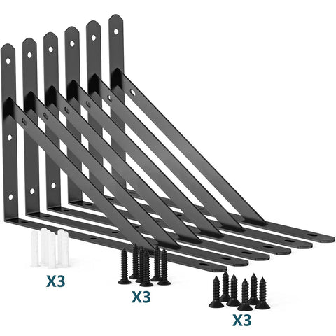 Rock Solid Heavy Duty Shelf Brackets 6 Pack Steel Wall Mount L Brackets 11.8 By 7.5 Inch with screws and anchors.