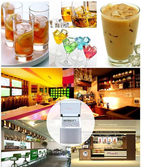 Heavy Duty Compact Ice Maker Churning 25 Kg Daily Cube Ice With Slick Steel Exterior Safe Abs Core transparent in bar setting with drinks.