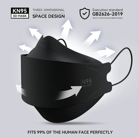 Black KN95 Face Mask with 3D Ergonomic Design, 95% Filtration, for Adults and Teens, Disposable, Ideal for Everyday Protection