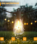 Outdoor LED String Lights 150 Ft Waterproof Patio Lights With 75 Shatterproof Edison Bulbs, 2700K Warm White shown in rain