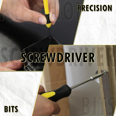 Kickass 39 Piece Household Tool Set With Sweet Organized Case For No Sweat Diy Fixes Featuring Knockout Corrosion Resistant Chrome Hammer Pliers Screwdrivers And Tape Measure precision screwdriver in action, showing interchangeable bits.
