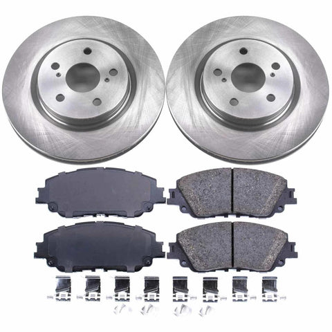 PowerStop front brake kit for Lexus ES; two silver rotors and four ceramic pads with hardware, front view