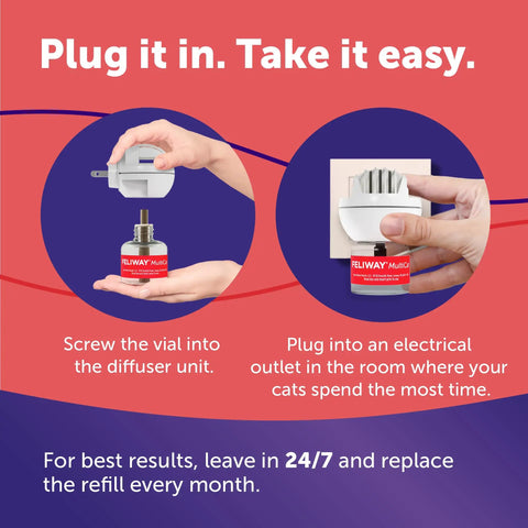 Calming Plug In Diffuser Starter Kit For Cats 30 Day Pheromone Diffuser setup with hands showing assembly and outlet