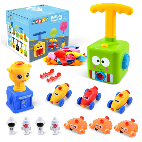 Balloon Launcher And Powered Car Set For Toddlers 3 To 5 Frog Theme STEM Toy Cool Racer Kit with colorful pumps and cars.