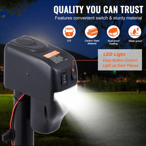 Electric Trailer Jack With 4000 Lbs Capacity And 9.84 To 33.85 Inch Adjustable Lift Waterproof Cover shown with LED light