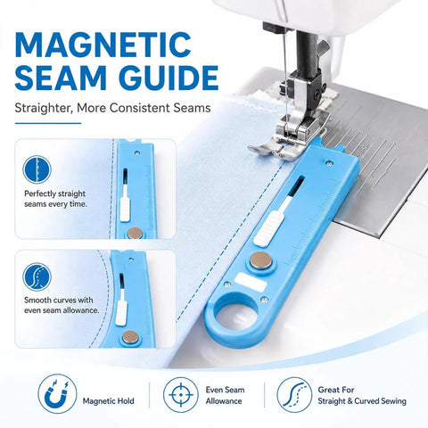 4 In 1 Needle Threader For Sewing Machines, Quick No-Fuss Threading With V-Shaped Guide Sleeve, Magnetic Positioning For Easy, Safer Fabric Projects, Labor-Saving Accessory, Blue, shown on sewing machine with seam guide