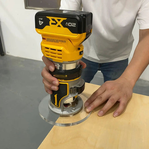 Legit 6 Inch Round Clear Acrylic Router Base Plate Upgrade Featuring Pre Drilled Alignment Holes For DWP611 DCW600B Compact Routers in use with router on wood