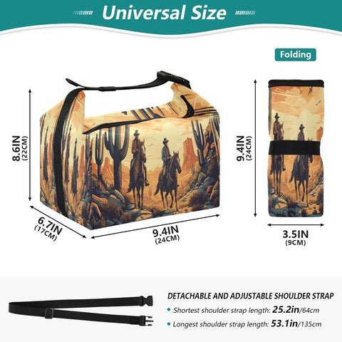 Cowboy Theme Insulated Lunch Bag For Women And Men, Large 9.4 x 6.7 x 9.8 inch, folded and unfolded, detachable shoulder strap