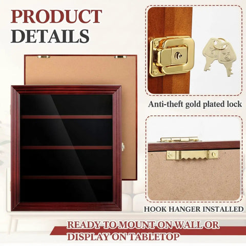 Golf Divot Tool Display Case Wall Mount Cabinet With Lockable UV Acrylic Door Wooden Holder, showing gold lock and hooks.