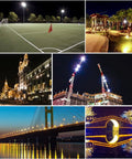 JUDYSSY Led Floodlight Outdoor 100-600W illuminating a sports field and various nighttime scenes for enhanced visibility.