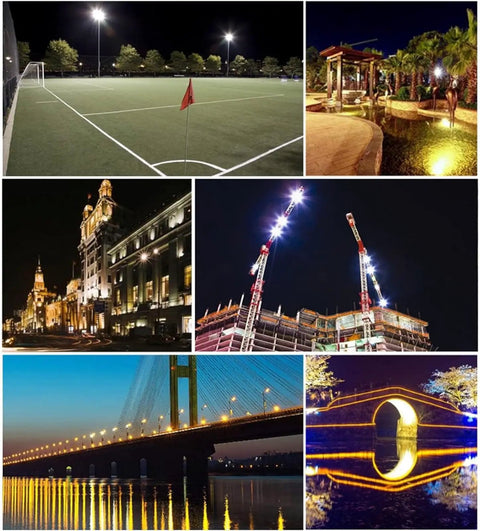 JUDYSSY Led Floodlight Outdoor 100-600W illuminating a sports field and various nighttime scenes for enhanced visibility.