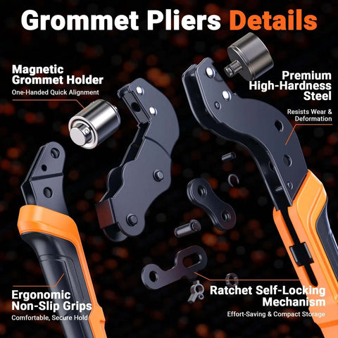 All In One Grommet Tool Kit With Four Jaw Sizes One Half Inch One Quarter Inch Five Sixteenths Inch Three Eighths Inch overview