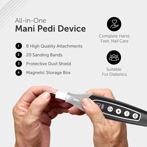 Hella Smooth Cordless Nail File Drill And Thick Toenail Grinder Professional Manicure Pedicure Kit showing high-quality attachments.