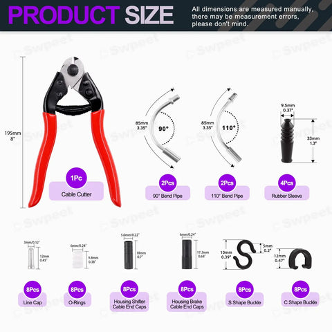 67 Piece Universal Bike Shifter And Brake Cable Kit with Cutter, End Caps, O Rings, S Buckle, Tail Caps, C Clips layout