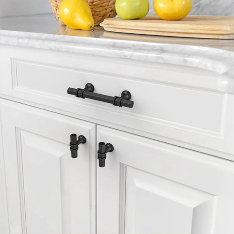 10 Pack Matte Black Cabinet Knobs For Kitchen Cabinets, Dresser, And Cupboard Hardware, installed on white cabinet